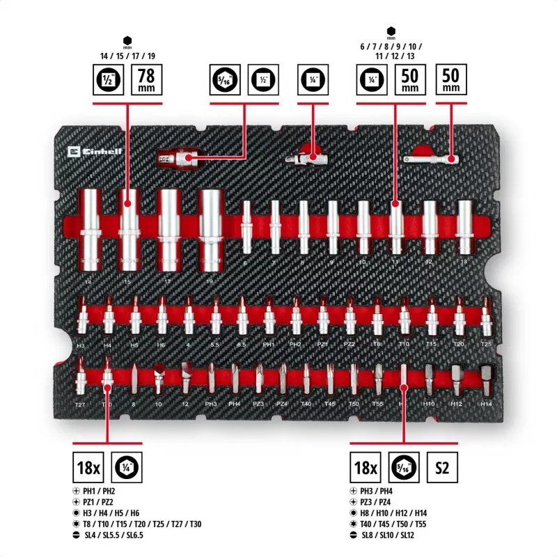 Einhell E-Case set di utensili da 92 pezzi (370514) - acciaio cromo-vanadio, nero/rosso