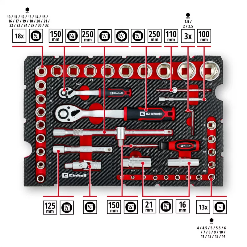 Einhell E-Case set di utensili da 92 pezzi (370514) - acciaio cromo-vanadio, nero/rosso
