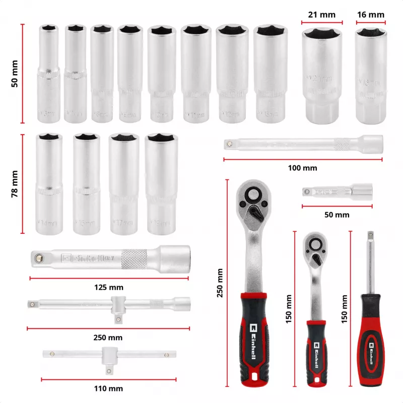 Einhell E-Case set di utensili da 92 pezzi (370514) - acciaio cromo-vanadio, nero/rosso