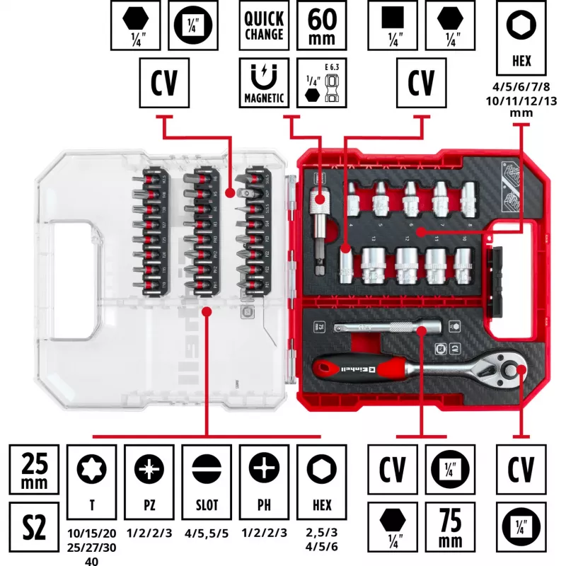 EINHELL-KWB set di chiavi a bussola e punte 1/4 pollice 37 pezzi in L-CASE
