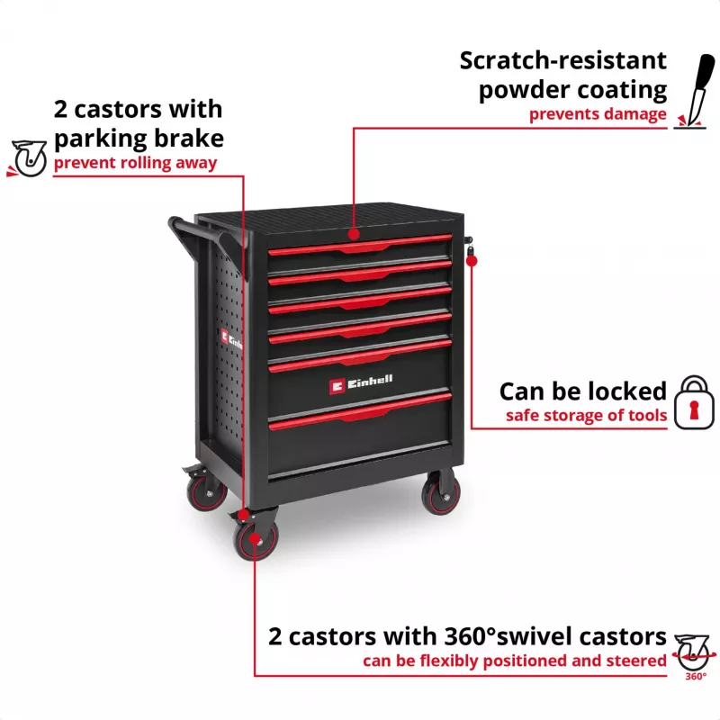 EINHELL-KWB carrello da officina vuoto, 6 cassetti (nero/rosso, 4 cassetti bassi, 2 alti)