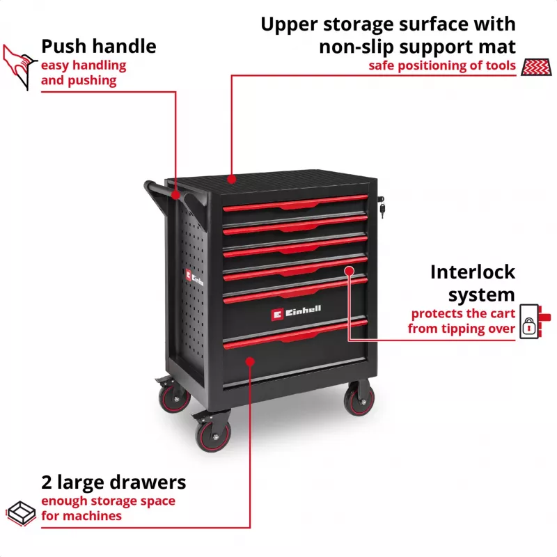 EINHELL-KWB carrello da officina vuoto, 6 cassetti (nero/rosso, 4 cassetti bassi, 2 alti)