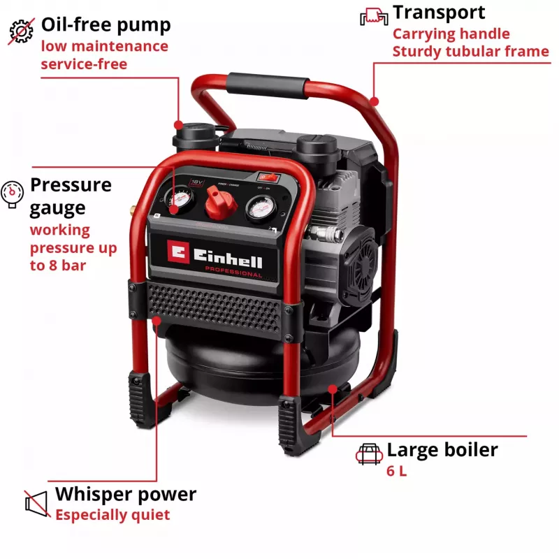 EINHELL Power X-Change compressore a batteria SILENZZO 18/160, 18V (rosso/nero, senza batteria e caricabatterie)