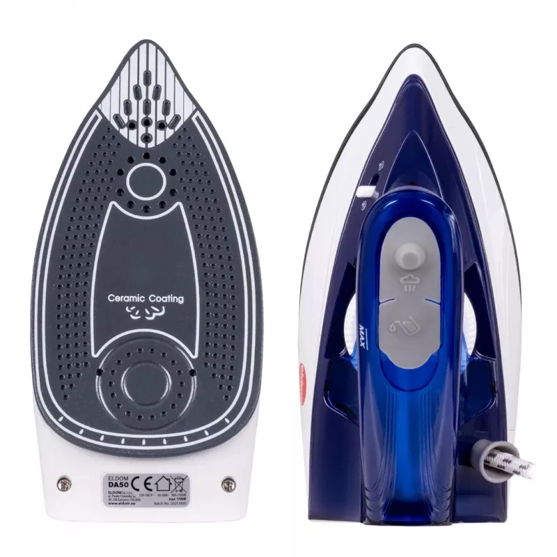Ferro da stiro da viaggio ELDOM DA50 900W blu con vapore, manico pieghevole, piastra antiaderente, serbatoio 40ml