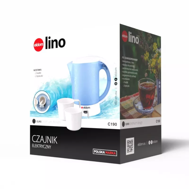 ELDOM Fornello elettrico da campeggio C190 Lino 0,6L 550W blu con 2 tazze e 2 cucchiai