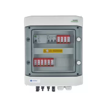 EMITER Quadro elettrico DC/AC ermetico IP65 EMITTER con scaricatore di sovratensione DC Dehn 1000V Tipo 2, 2 x stringa PV, 2 x MPPT // e AC Dehn Tipo 2, 10A trifase, RCD Tipo A 40A/300mA