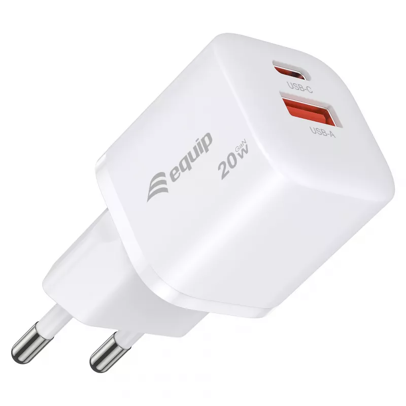 Equip Caricatore da parete GaN a 2 porte USB-C PD3.0/USB-A 20W, Bianco, confezione da 25 pezzi