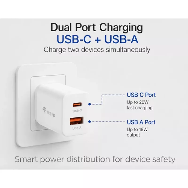 Equip Caricatore da parete GaN a 2 porte USB-C PD3.0/USB-A 20W, Bianco, confezione da 25 pezzi