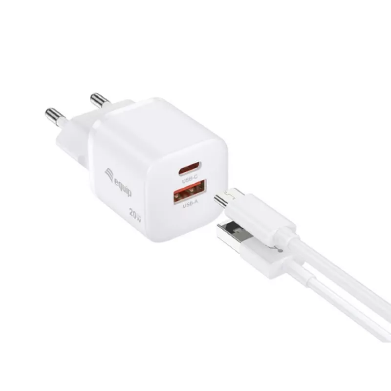 Equip Caricatore da parete GaN a 2 porte USB-C PD3.0/USB-A 20W, Bianco, confezione da 25 pezzi