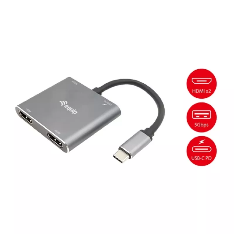 Adattatore USB-C 4 in 1 dual HDMI EQUIP con 100W PD, 4K MST, alluminio