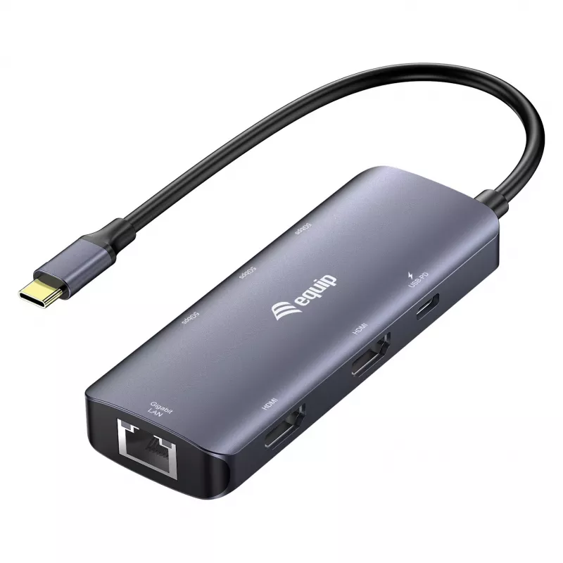 EQUIP adattatore multiporta USB-C con 2x HDMI, RJ45, 2x USB-A, USB-C PD 100W, grigio
