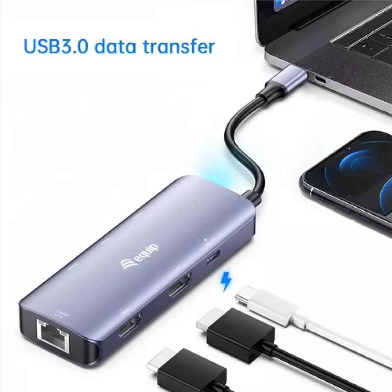 EQUIP adattatore multiporta USB-C con 2x HDMI, RJ45, 2x USB-A, USB-C PD 100W, grigio