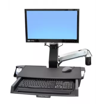Ergotron 45-260-026 Track Mount Kit, supporto monitor regolabile in altezza con ripiano per tastiera, ripiano estraibile per mouse, poggiapolsi e supporto per lettore di codici a barre, per LCD fino a 24 pollici, VESA 75/100 mm, alluminio lucidato