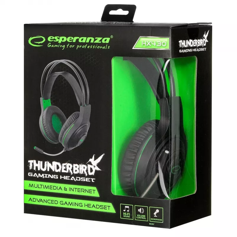 Esperanza EGH430 THUNDERBIRD cuffie gaming con filo e microfono, nero e verde