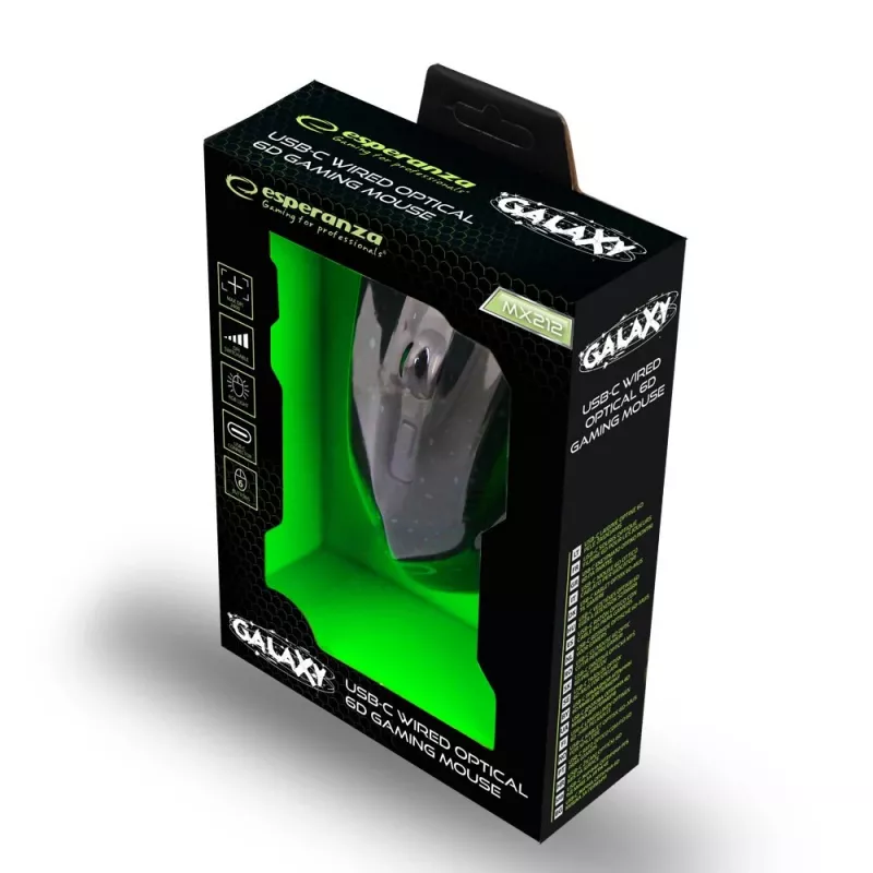 Esperanza EGM212 Mouse ottico gaming con filo, 2400 DPI, 6 tasti, USB, per destrimani, nero