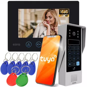 EURA VDP-90A3 DELTA+ videocitofono 7 pollici Full HD nero, WiFi, 2 ingressi, tastiera, lettore di prossimità, AHD, Tuya