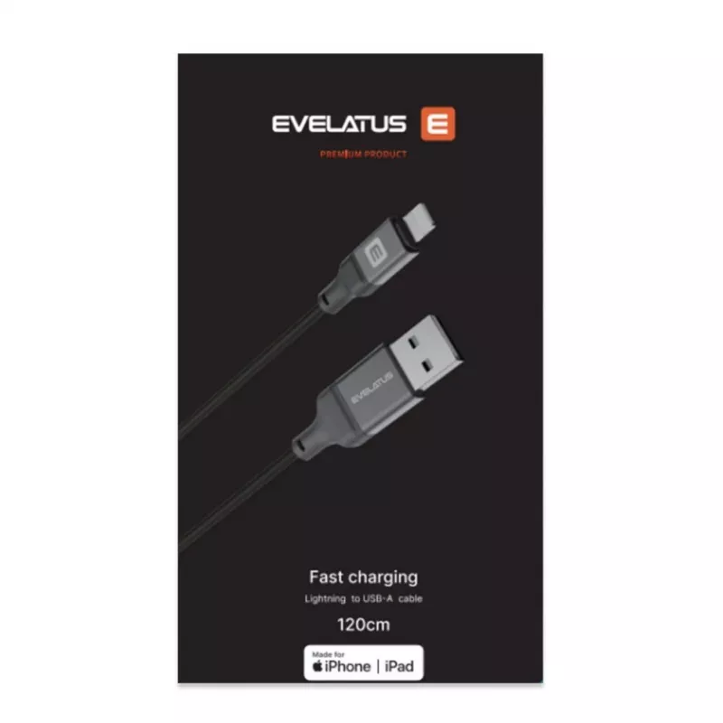 Cavo Evelatus USB-A to Lightning 1.2m (MFi11CL) alloggiamento in alluminio intrecciato nero
