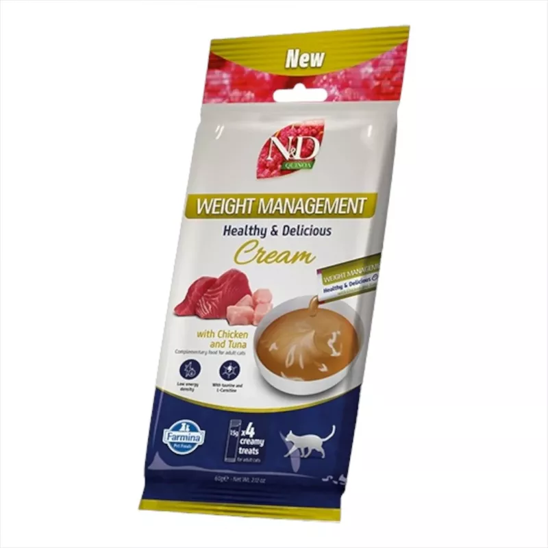 FARMINA N&D Quinoa Cat Weight Management Cream with Chicken & Tuna Box – Snack per gatti – 4x15g