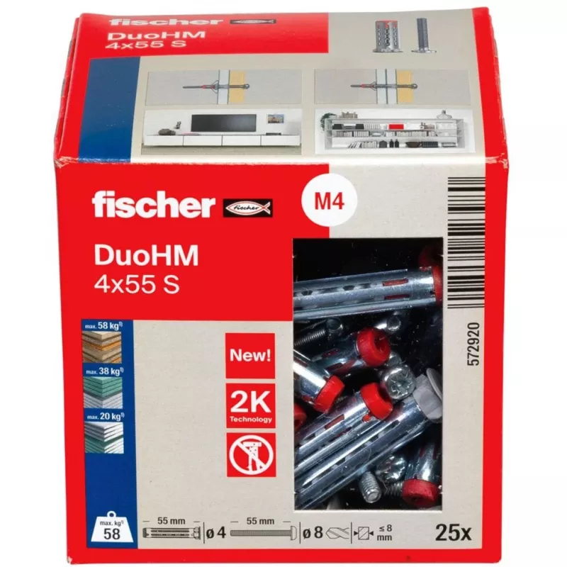 fischer DuoHM 4x55 S PH PZ tassello per cavità 55 mm, 25 pezzi 572920