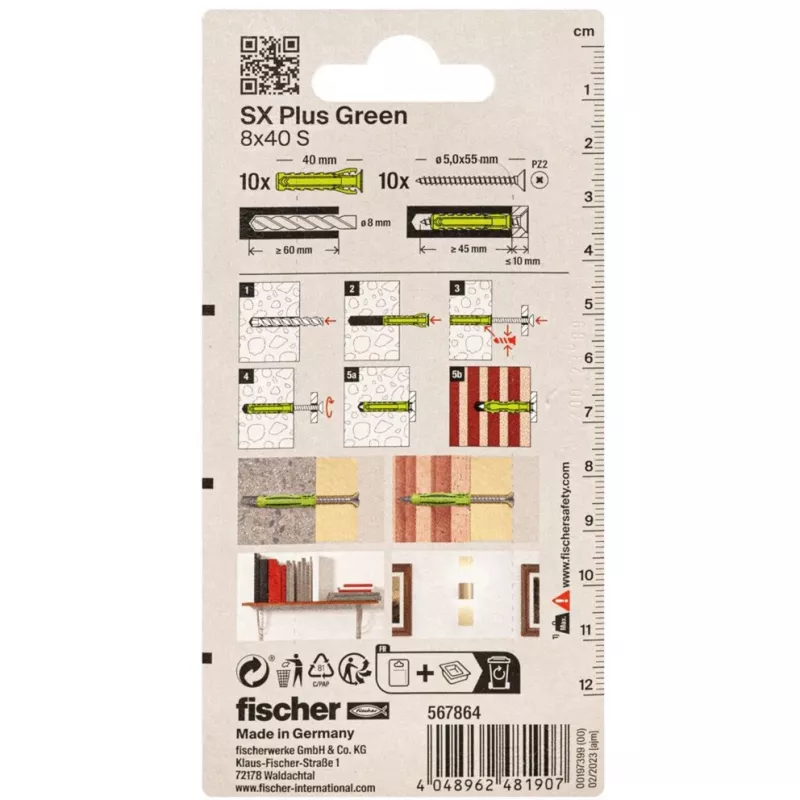 Fischer SX Plus Green 8x40 S K Tassello a espansione con vite, 10 pezzi (567864)