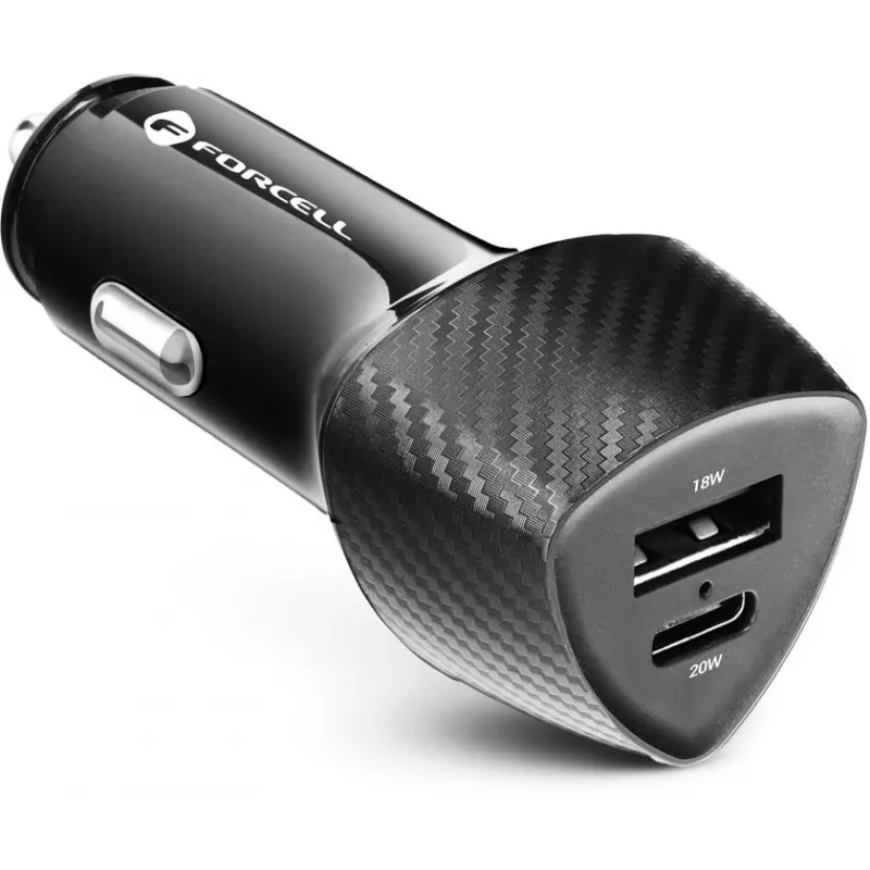 Caricabatterie da auto Forcell Carbon CC50-1A1C 38W USB-C PD 3.0 + USB-A QC 3.0 nero