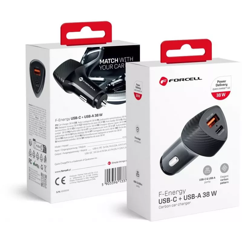 Caricabatterie da auto Forcell Carbon CC50-1A1C 38W USB-C PD 3.0 + USB-A QC 3.0 nero