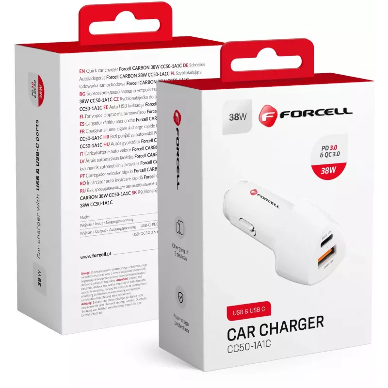 Forcell Carbon CC50-1A1C 38W USB-C PD + USB-A QC 3.0 Caricabatterie da auto - bianco