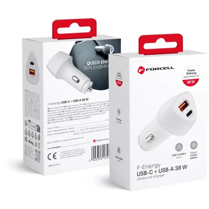 Forcell Carbon CC50-1A1C 38W USB-C PD + USB-A QC 3.0 Caricabatterie da auto - bianco