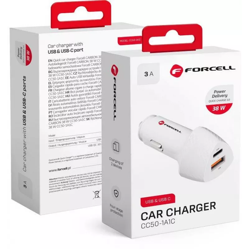 Forcell Carbon CC50-1A1C 38W USB-C PD + USB-A QC 3.0 Caricabatterie da auto - bianco