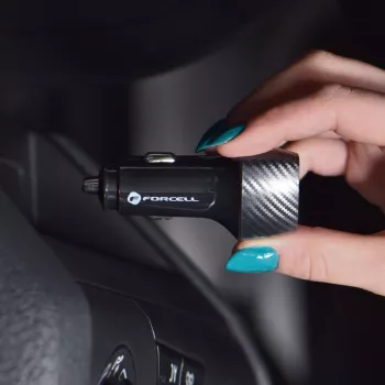 Forcell F-Energy Carbon Caricabatterie da auto USB-C QC3.0 PD 20W con cavo USB-C a Lightning CC50-1C nero