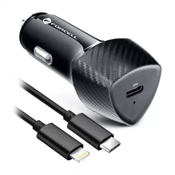 Forcell F-Energy Carbon Caricabatterie da auto USB-C QC3.0 PD 20W con cavo USB-C a Lightning CC50-1C nero