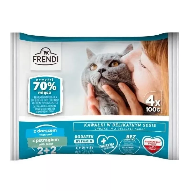 FRENDI Merluzzo e trota in salsa umido per gatti, 4 x 100g bustine