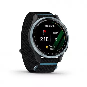 Garmin Approach J1 Cornice in alluminio blu nuvola con cinturino in tessuto ComfortFit nero/azzurro