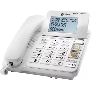 Geemarc CL595 telefono con filo per anziani con segreteria telefonica, vivavoce, indicatore ottico di chiamata, compatibile con apparecchi acustici, ciondolo di emergenza, bianco