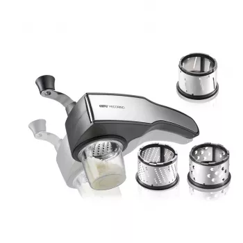 GEFU PECORINO Macina formaggio e cioccolato con 3 dischi grattugia in acciaio inox, manovella manuale, argento/nero