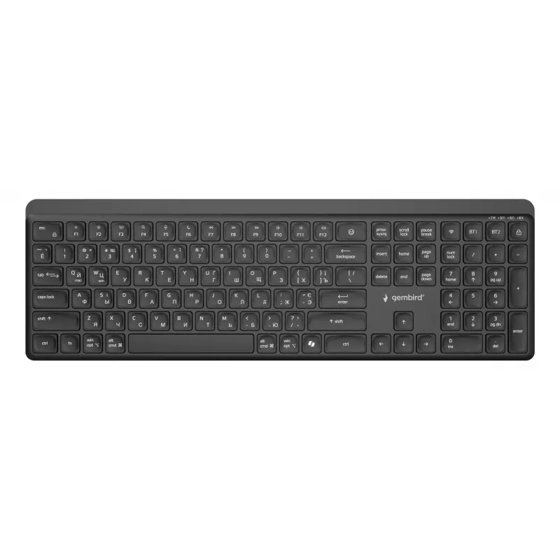 Gembird KB-WPS-03-CYRL Tastiera wireless slim dual-mode (2.4G + BT), Layout russo/cirillico, Nero
