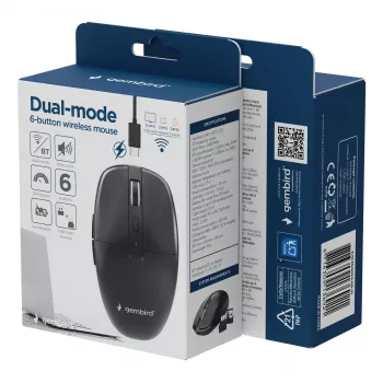 Gembird MUSW2-6B-01 mouse wireless dual-mode, 2,4 GHz + Bluetooth 5.0, 1600 DPI, 6 tasti, nero