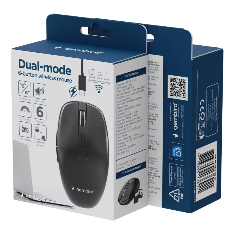 Gembird MUSW2-6B-01 mouse wireless dual-mode, 2,4 GHz + Bluetooth 5.0, 1600 DPI, 6 tasti, nero
