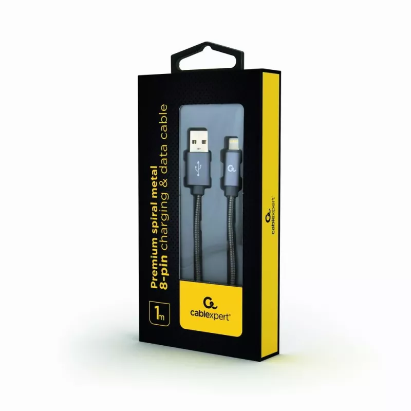 Gembird Cavo USB-A a Lightning, spirale premium in metallo, 1m, grigio metallizzato