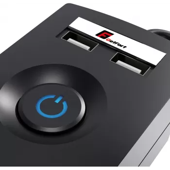 GETFORT 5P-3M-B-USB ciabatta con protezione da sovratensione, 5 prese AC, 2 porte USB-A, cavo 3m, nero