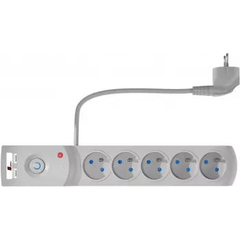 GETFORT 5P-3M-G-USB ciabatta con protezione da sovratensione 5 vie con 2 porte USB, cavo 3m, grigio