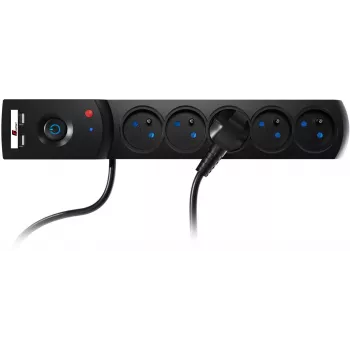 GETFORT ciabatta con protezione da sovratensione 5P-1.5M-B-USB, 5 prese, 2 USB, 1,5 m, nero