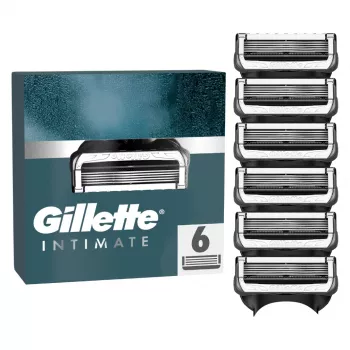 Gillette Intimate lamette da rasoio ricambio, 6 lame, nero, rasatura dei peli intimi maschili