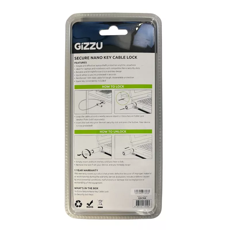 GIZZU Cavo di sicurezza Nano Key Lock 1,8 m con chiave - nero