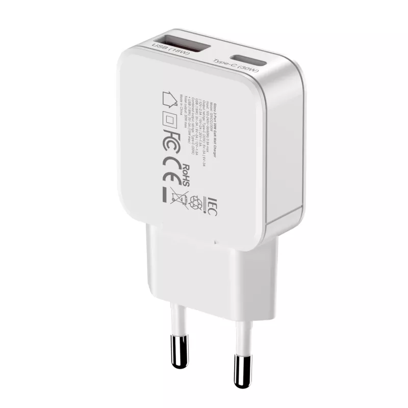 Gizzu caricabatterie da parete GaN 2 porte 30W USB-C PD + USB-A QC bianco