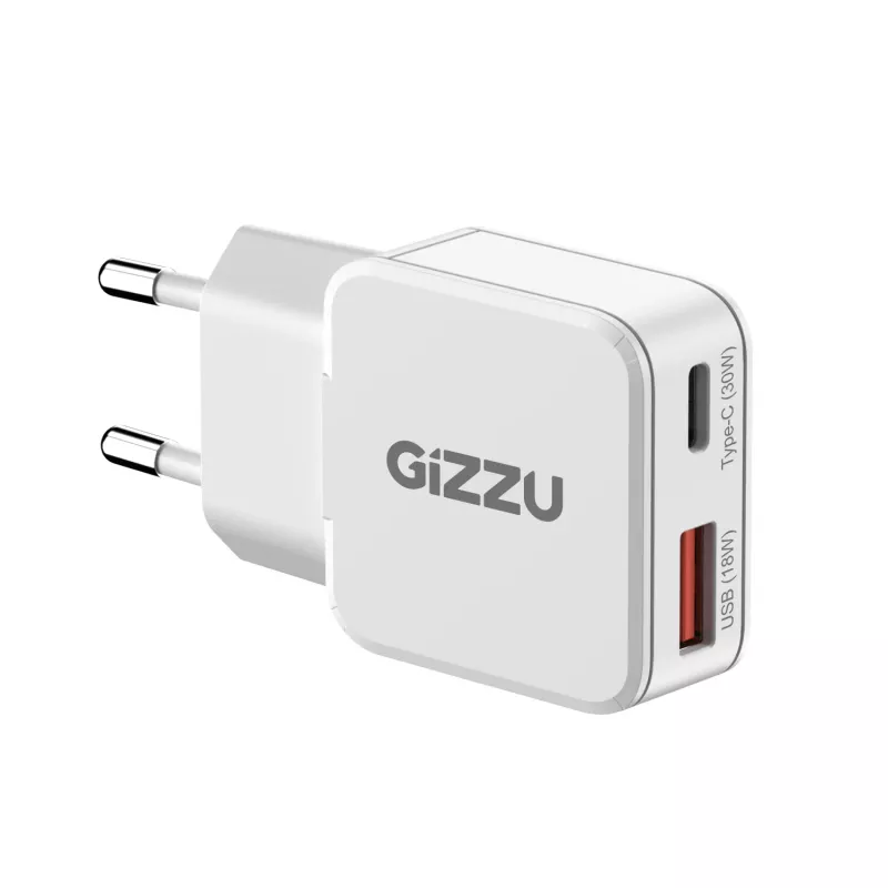 Gizzu caricabatterie da parete GaN 2 porte 30W USB-C PD + USB-A QC bianco