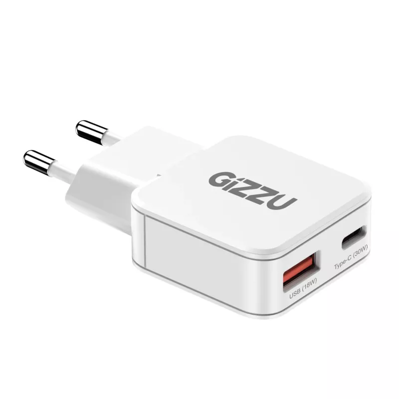 Gizzu caricabatterie da parete GaN 2 porte 30W USB-C PD + USB-A QC bianco