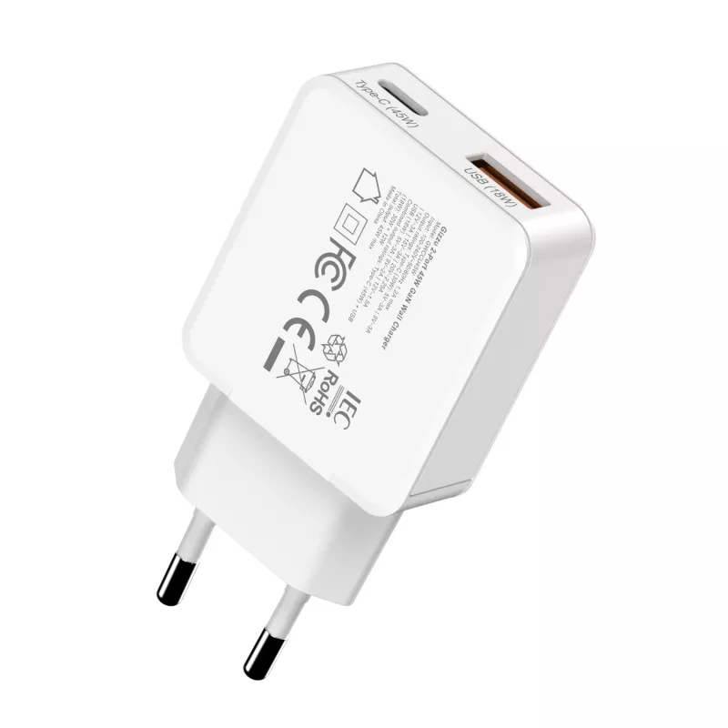 Gizzu Caricabatterie da parete GaN 2 porte 45W USB-C PD e USB-A QC bianco