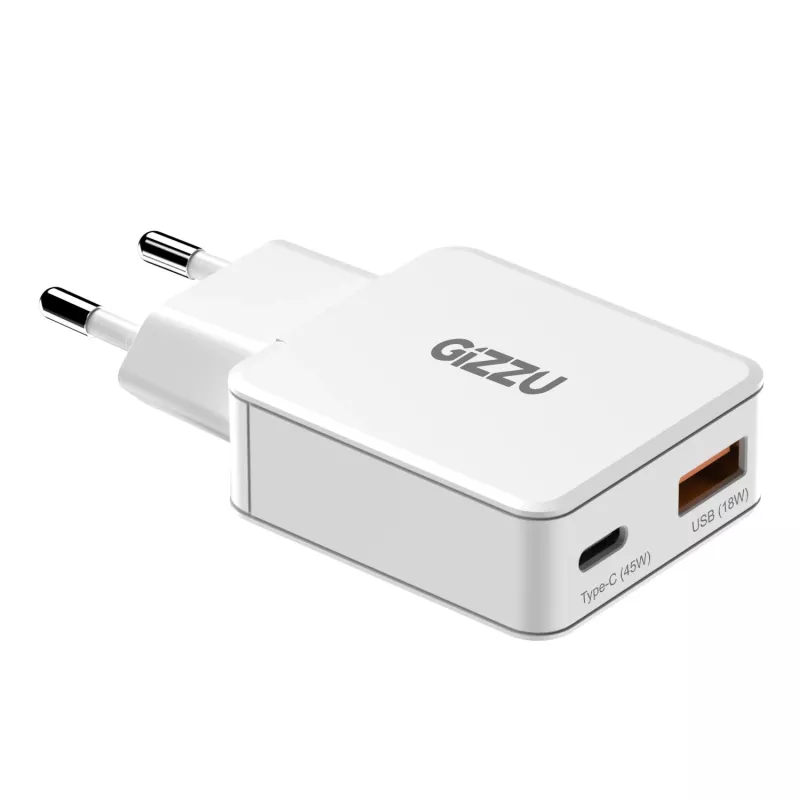 Gizzu Caricabatterie da parete GaN 2 porte 45W USB-C PD e USB-A QC bianco