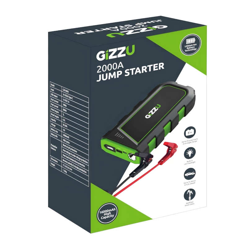 GIZZU 2000A avviatore d'emergenza 16000mAh - nero
